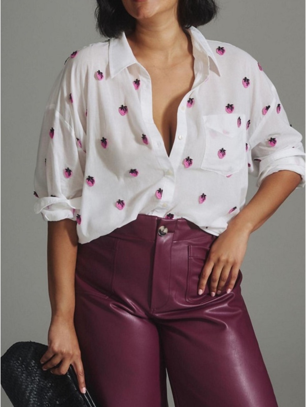 Maeve Anthropologie The Bennet Buttondown Shirt Embroidered Strawberry XL